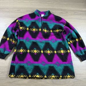Vintgage Lerner Sweater Women Medium 1/4 Xip Southwest Aztec Fleece Pullover